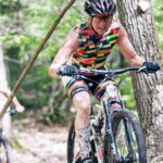 square cyclist wearing multicolored shirt in forest